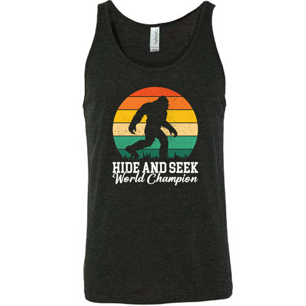 black shirt with the text "Hide And Seek World Champion" on it