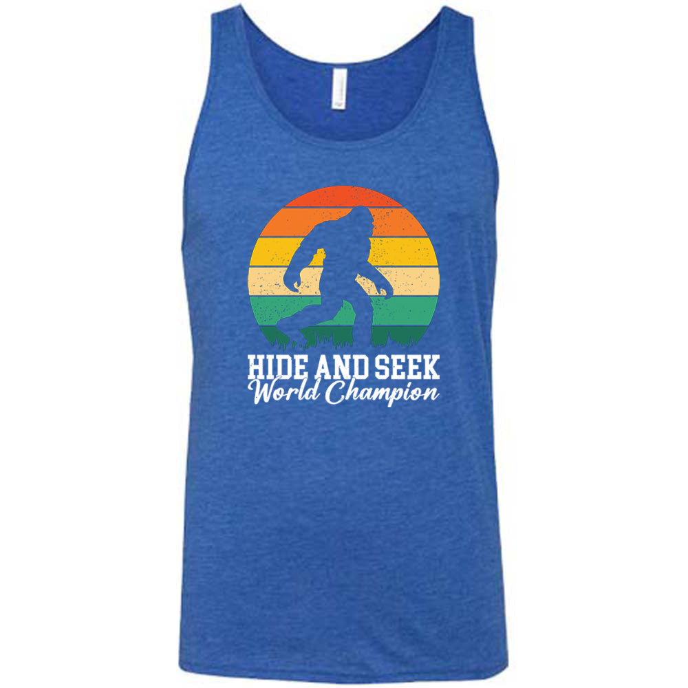 blue shirt with the text "Hide And Seek World Champion" on it