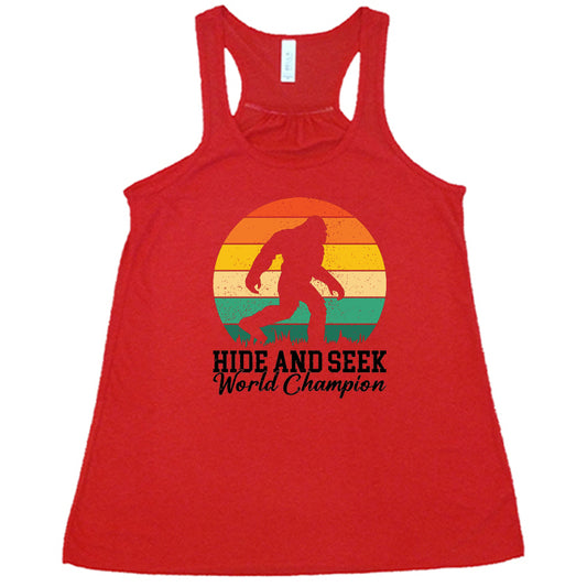 red shirt with the text "Hide And Seek World Champion" on it