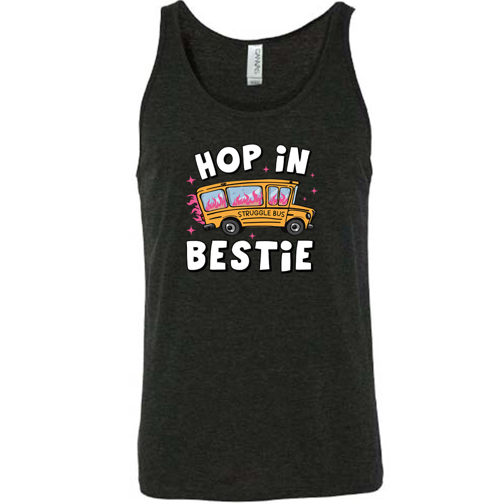 black shirt with the text "Hop In Bestie" on it