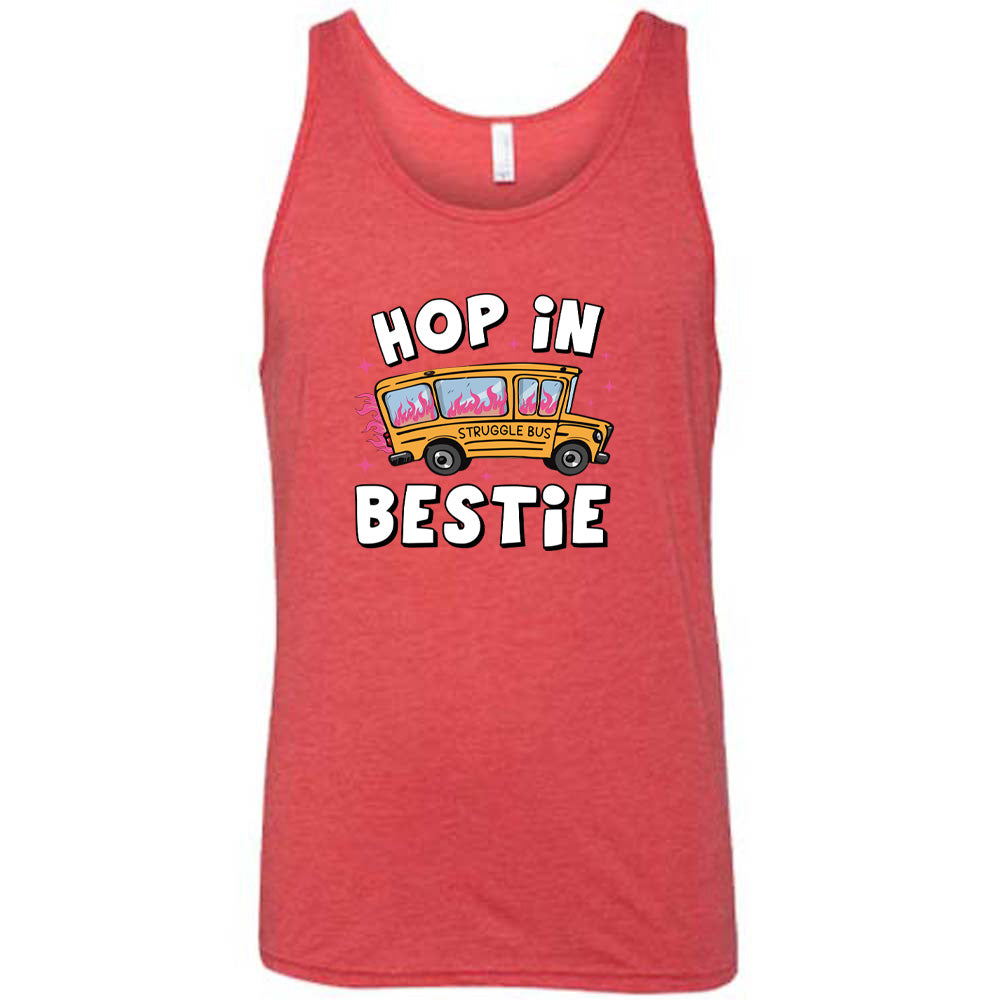 red shirt with the text "Hop In Bestie" on it