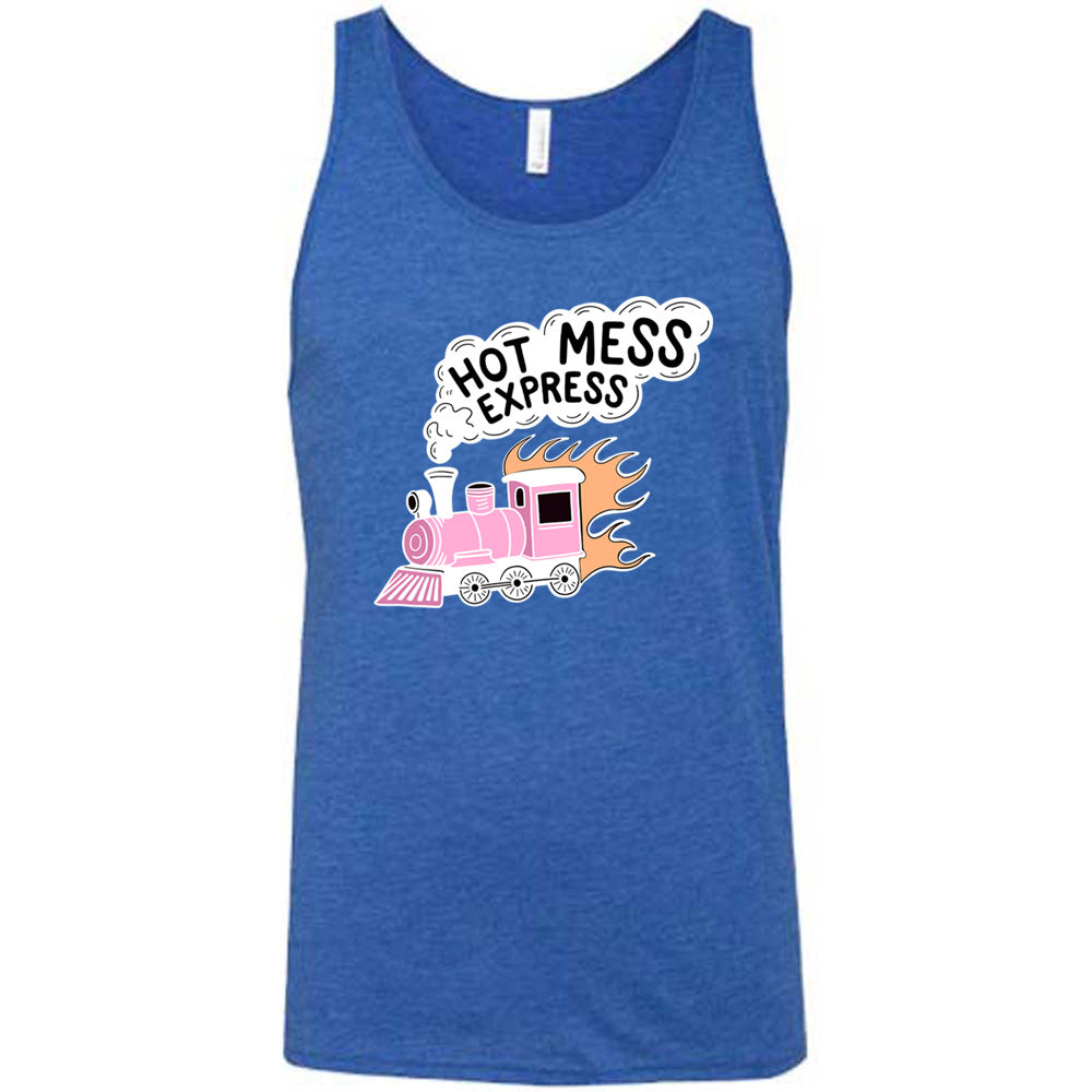 blue shirt with the text "Hot Mess Express" on it