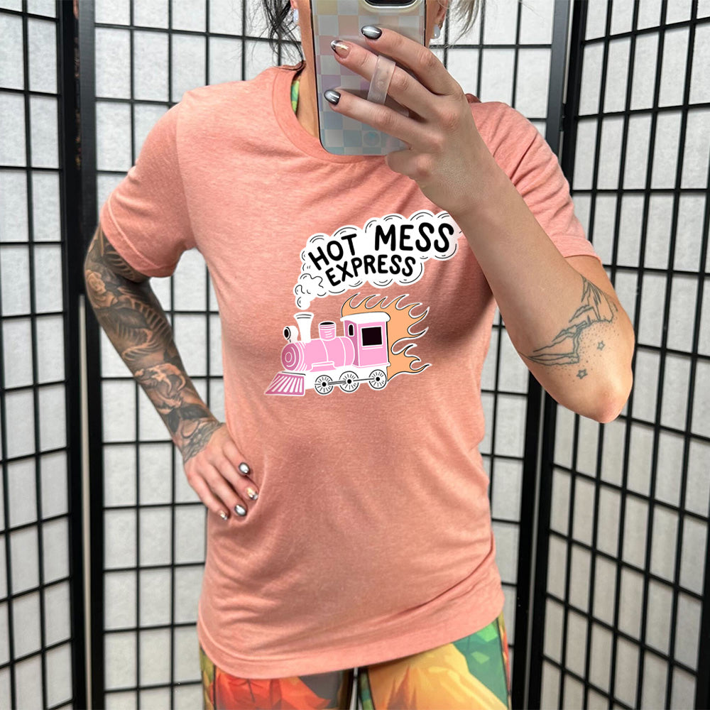 coral shirt with the text "Hot Mess Express" on it