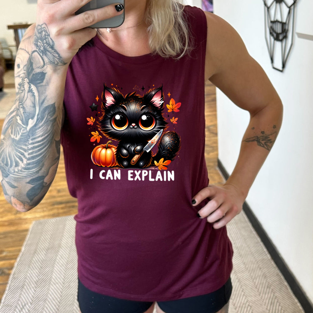 maroon shirt with the text "I Can Explain" and a kitten with a knife graphic on it