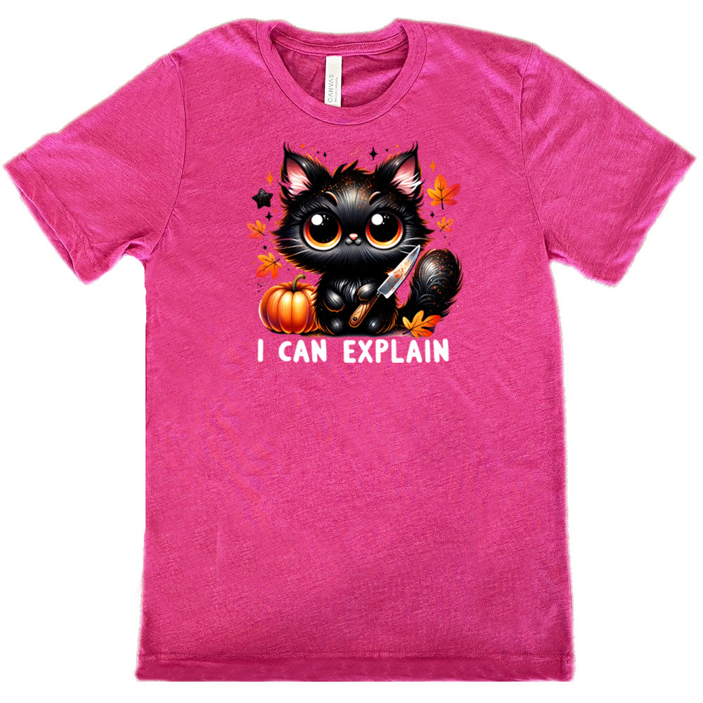 berry shirt with the text "I Can Explain" and a kitten with a knife graphic on it 