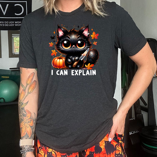 black shirt with the text "I Can Explain" and a kitten with a knife graphic on it 