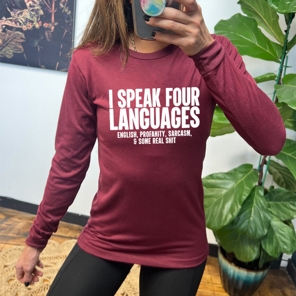 maroon long sleeve with the text "I Speak 4 Languages" on it