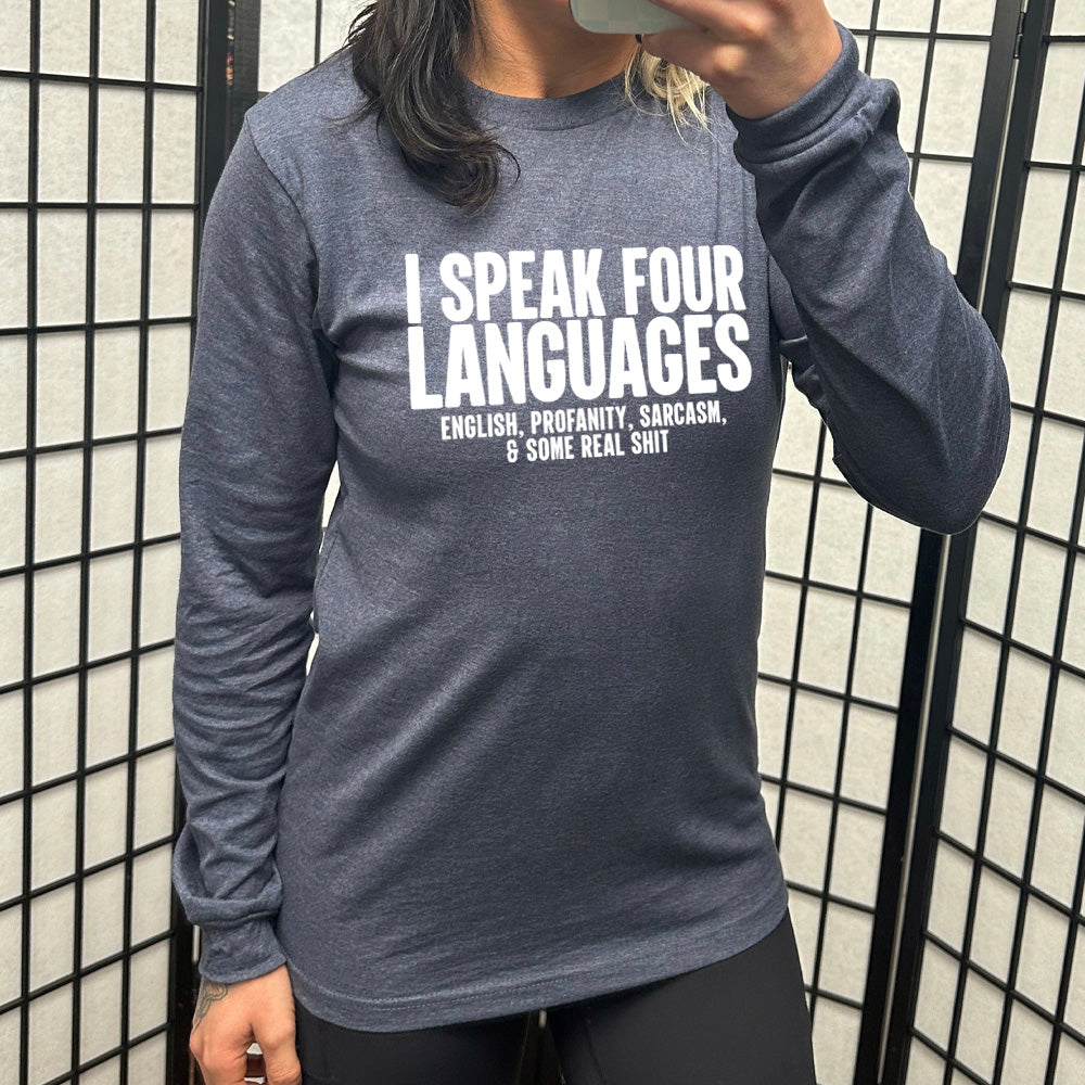 navy blue long sleeve with the text "I Speak 4 Languages" on it