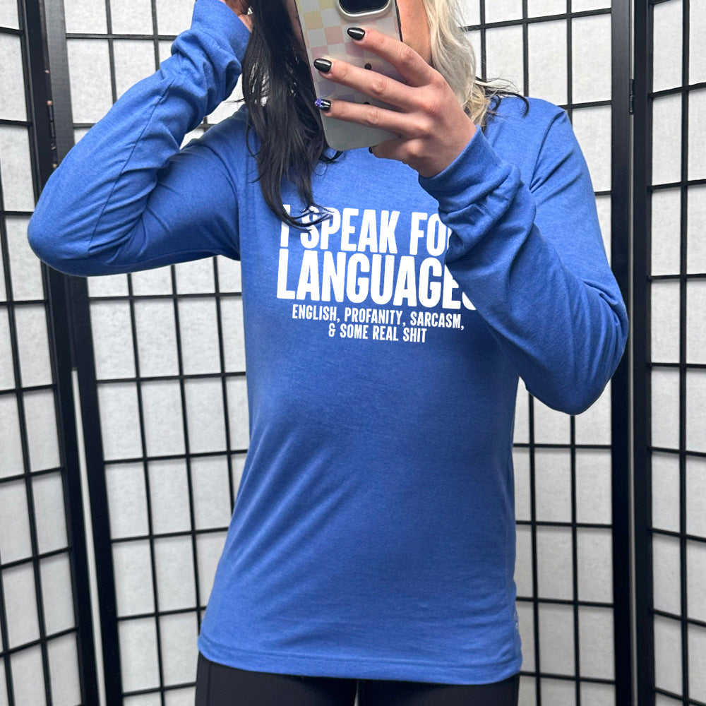 blue long sleeve with the text "I Speak 4 Languages" on it