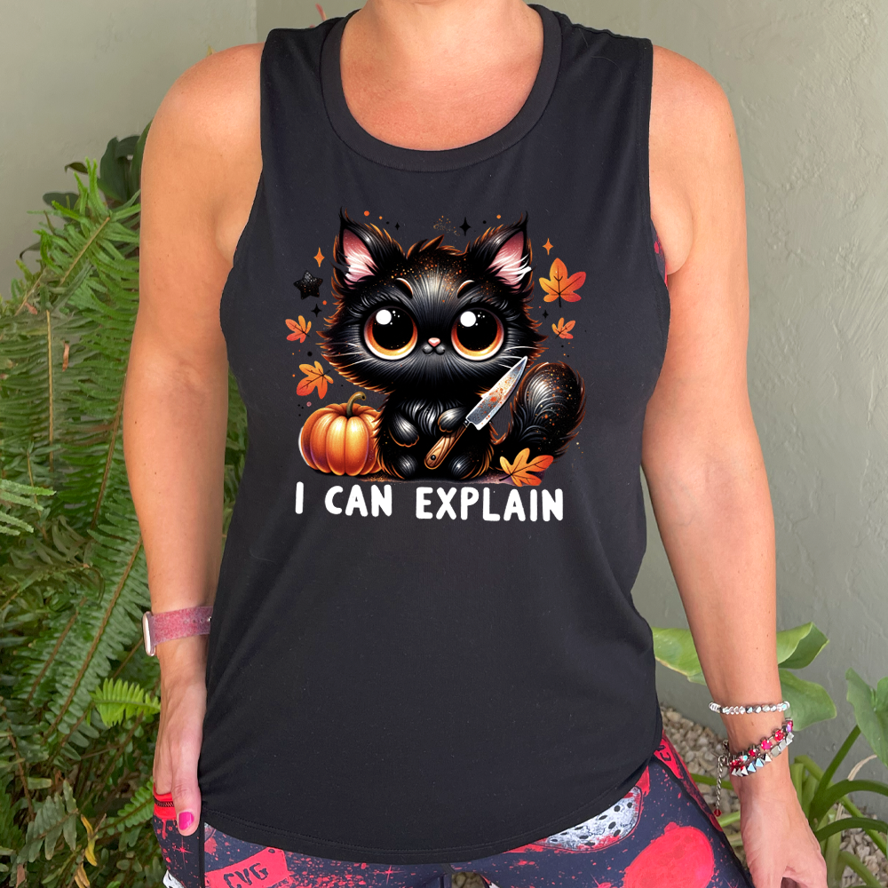 black shirt with the text "I Can Explain" and a kitten with a knife graphic on it 