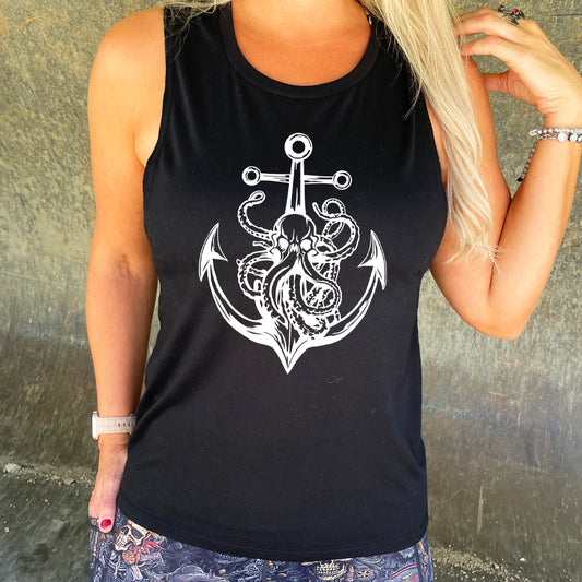 black muscle tank with an Octopus Anchor graphic on it