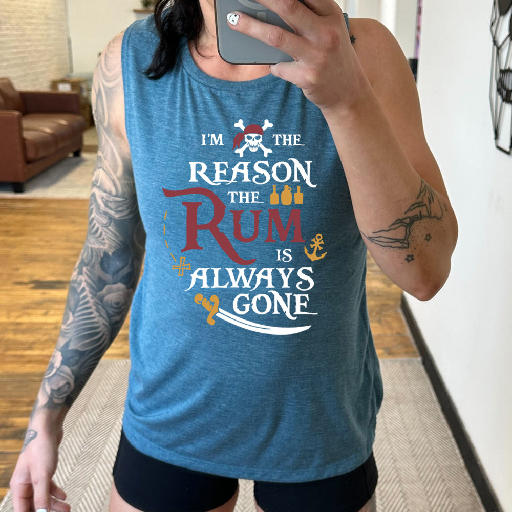 blue muscle tank with the text "I'm The Reason The Rum Is Always Gone" on it