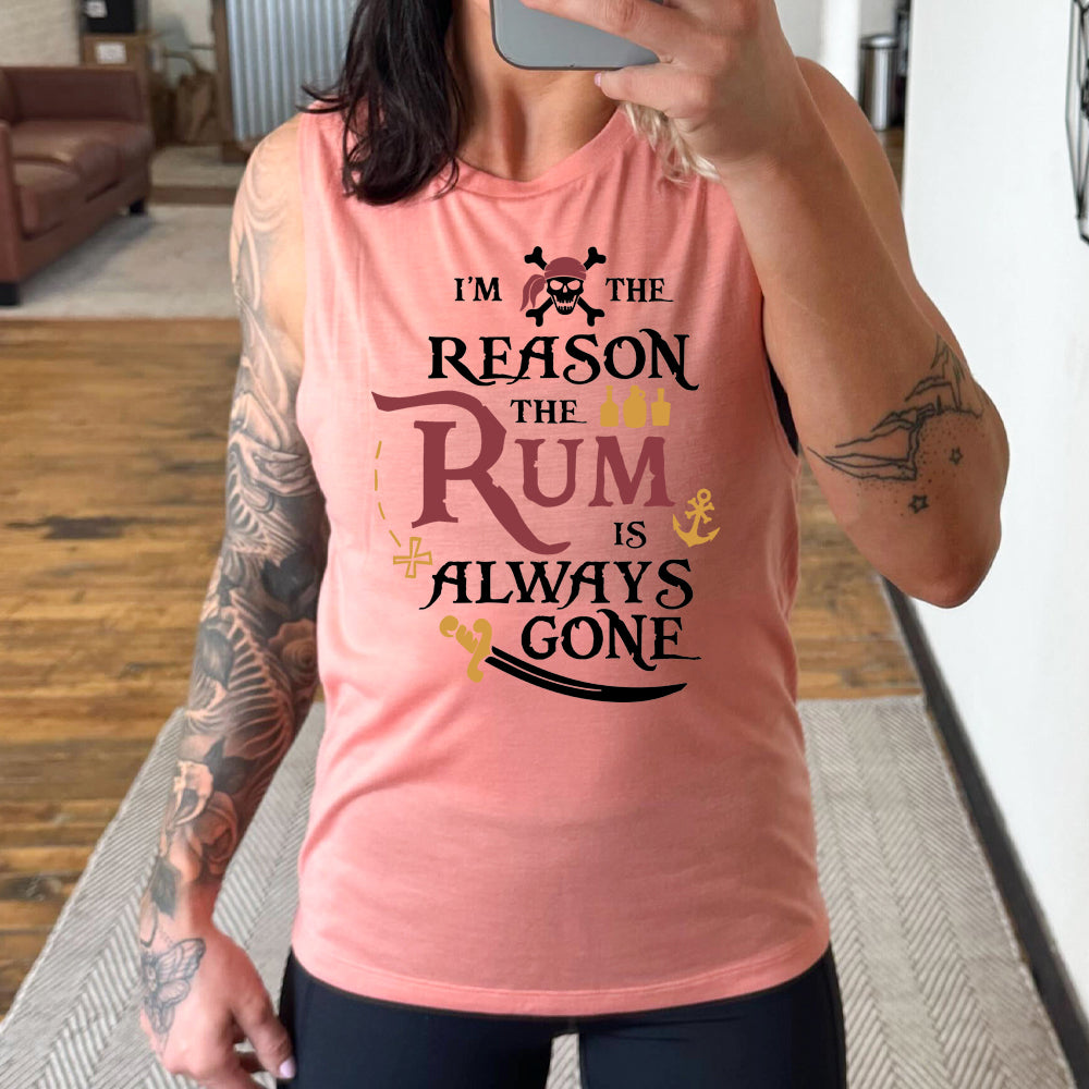 peach muscle tank with the text "I'm The Reason The Rum Is Always Gone" on it