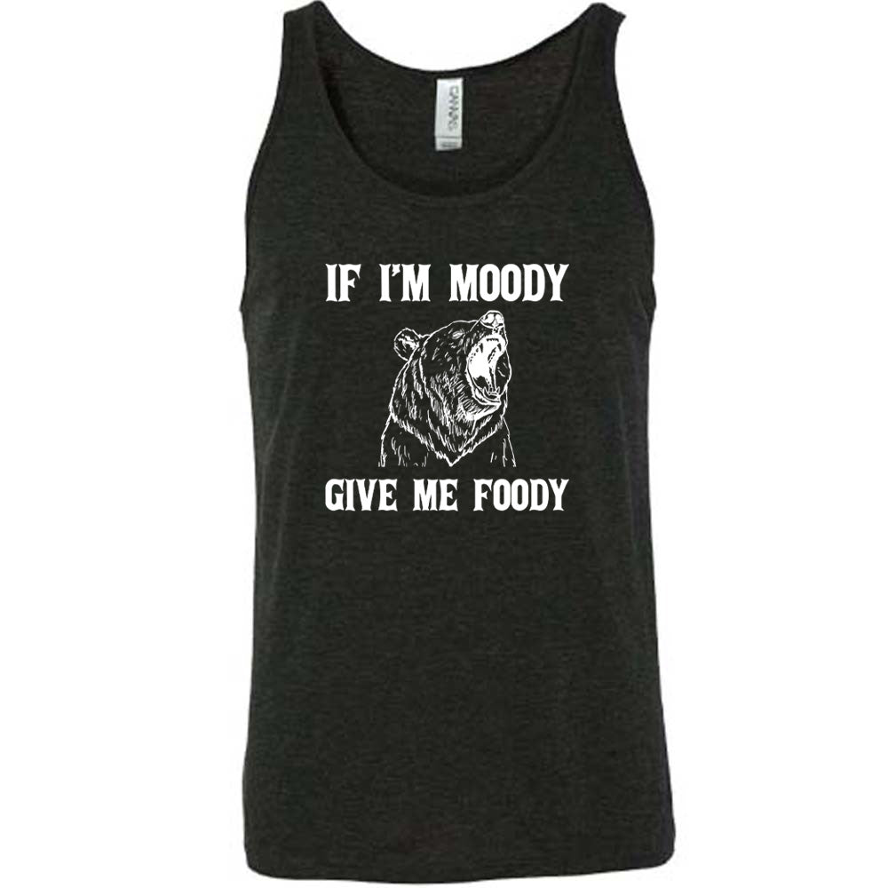 black shirt with the text "If Moody Give Me Foody" on it