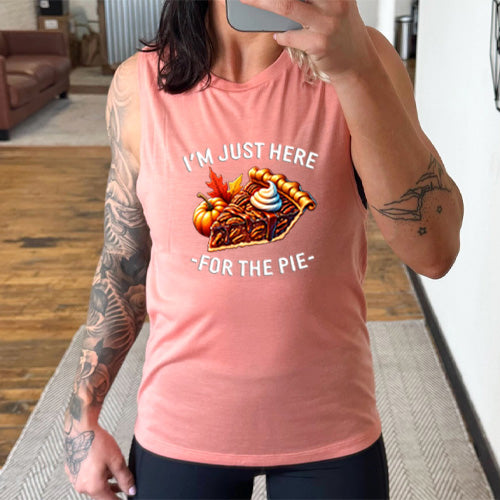 peach shirt with the text "I'm Just Here For The Pie" and a slice of pie graphic on it