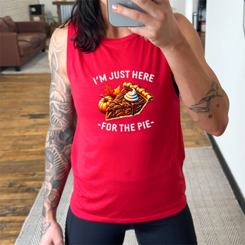 red shirt with the text "I'm Just Here For The Pie" and a slice of pie graphic on it