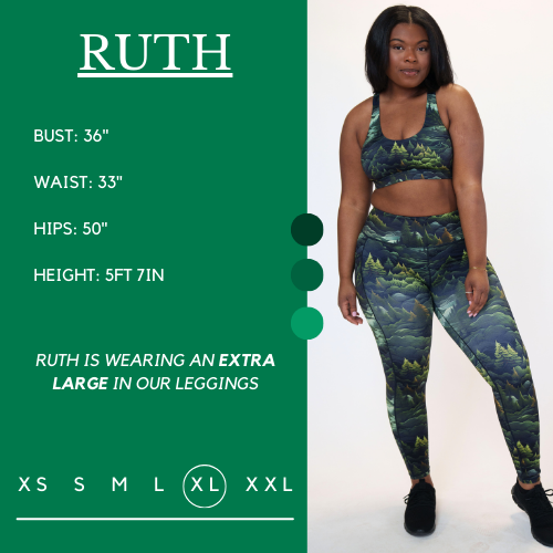 Model's measurements of 36 inch bust, 33 inch waist, 50 inch hips, and height of 5 foot 7 inches. She is wearing a size extra large in these leggings