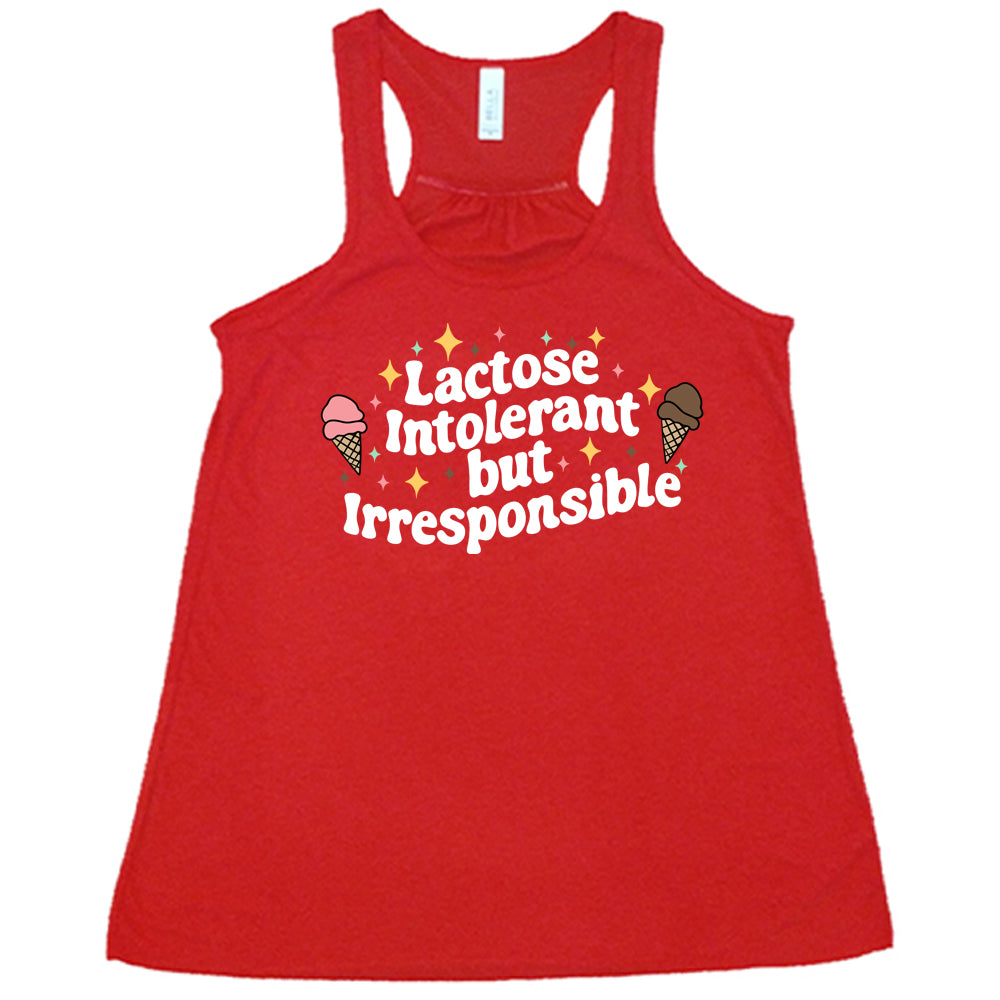 red cropped tee with the text "Lactose Intolerant But Irresponsible" on it