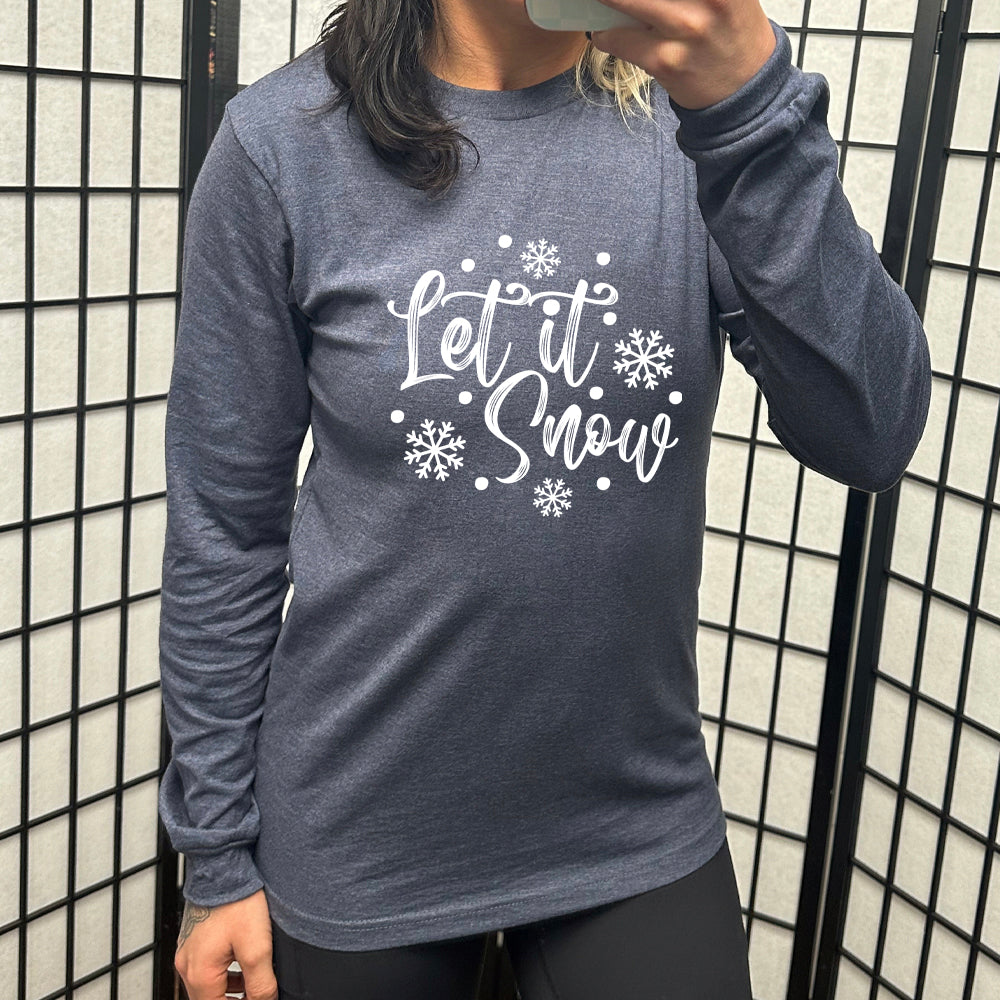 navy blue long sleeve shirt with the text "Let It Snow" on it