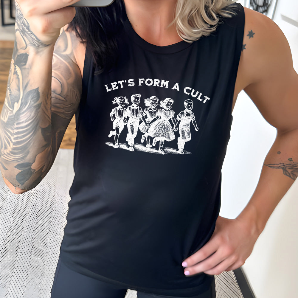 black muscle tank with the text "Let's Form A Cult" on it