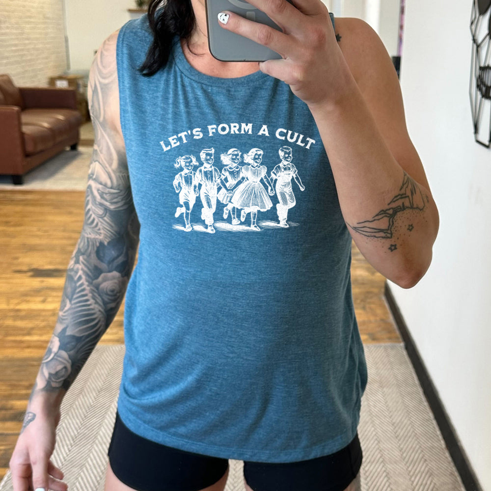 blue muscle tank with the text "Let's Form A Cult" on it