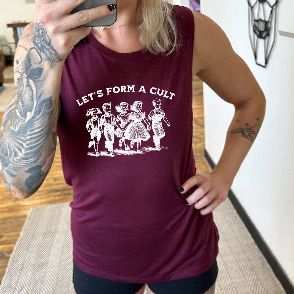 maroon muscle tank with the text "Let's Form A Cult" on it