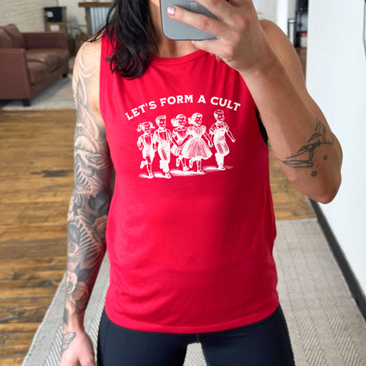 red muscle tank with the text "Let's Form A Cult" on it