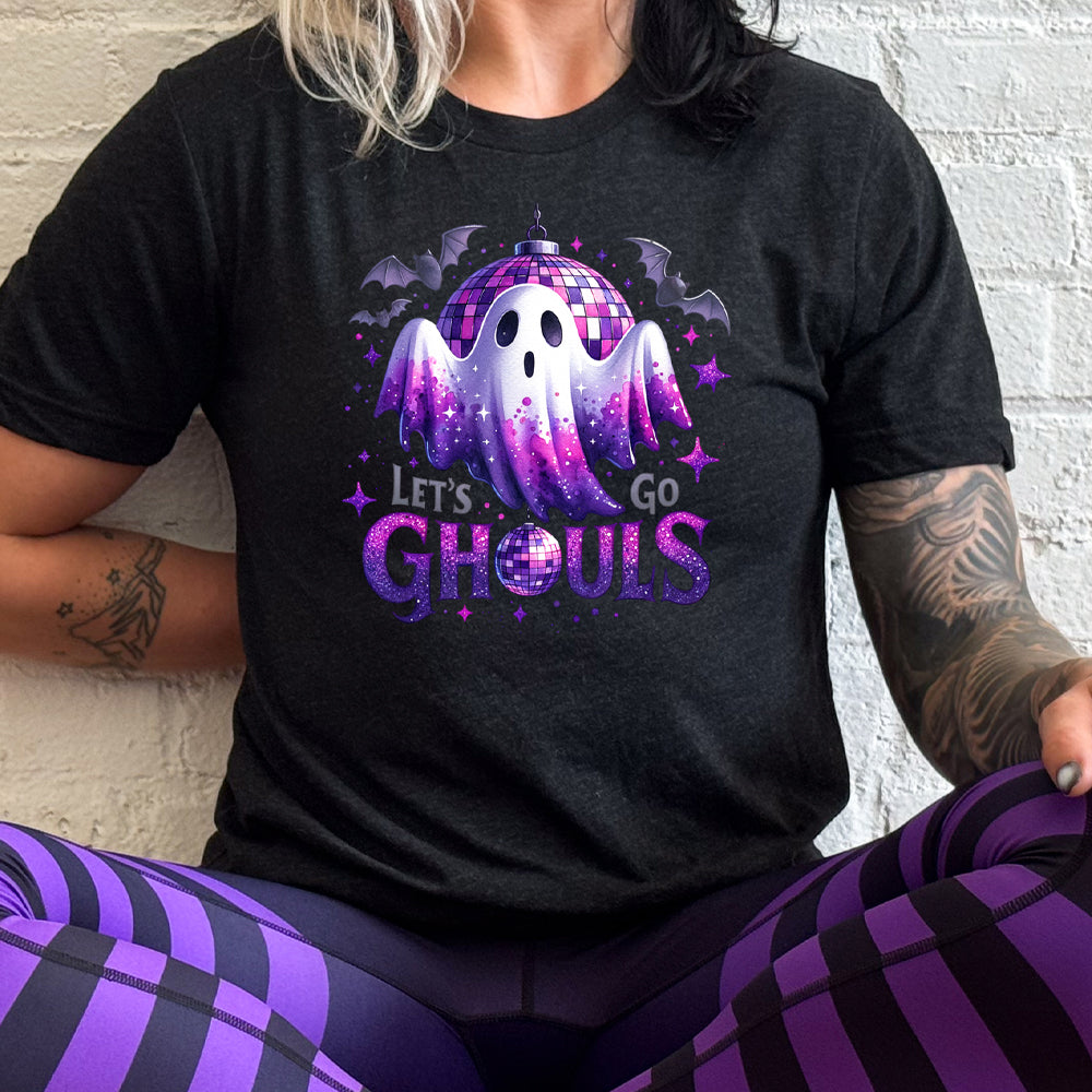 black shirt that has a ghost graphic on it with the text "Let's Go Ghouls" on it