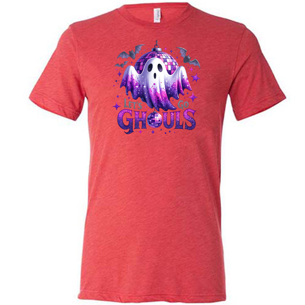 red shirt that has a ghost graphic on it with the text "Let's Go Ghouls" on it