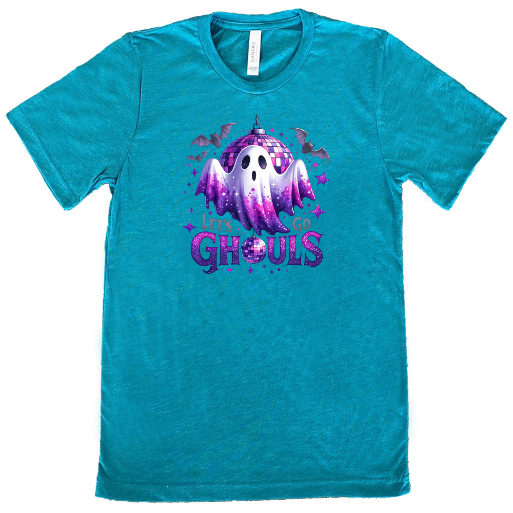 teal shirt that has a ghost graphic on it with the text "Let's Go Ghouls" on it