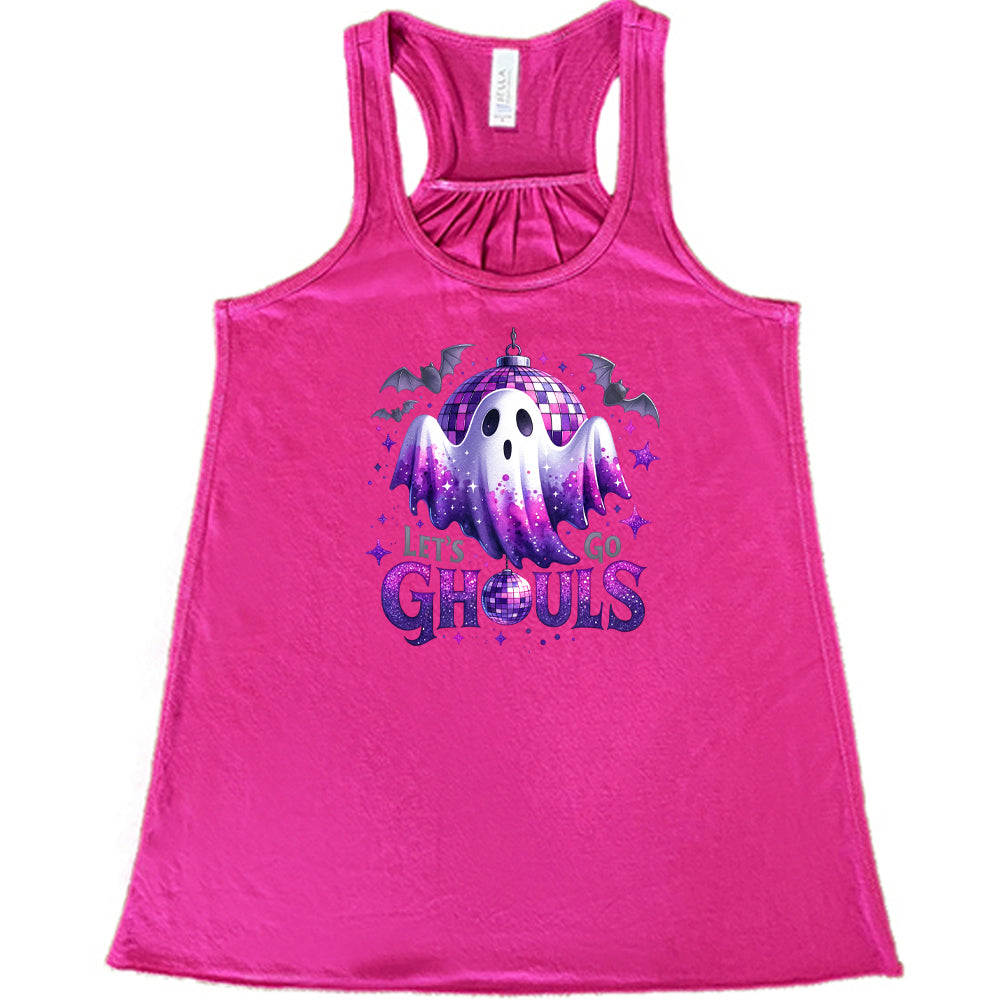 berry shirt that has a ghost graphic on it with the text "Let's Go Ghouls" on it