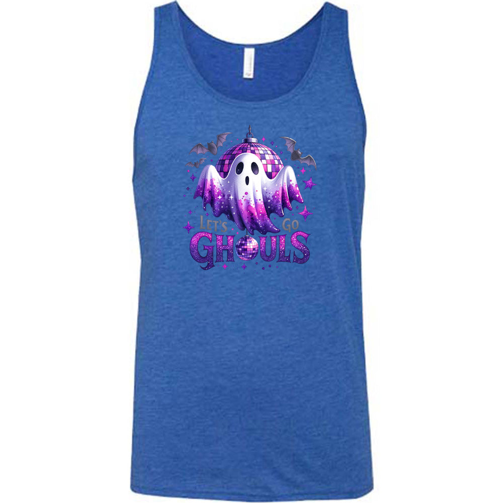 blue shirt that has a ghost graphic on it with the text "Let's Go Ghouls" on it