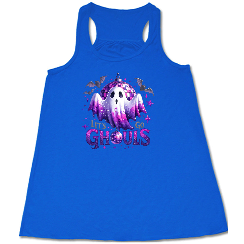 blue shirt that has a ghost graphic on it with the text "Let's Go Ghouls" on it