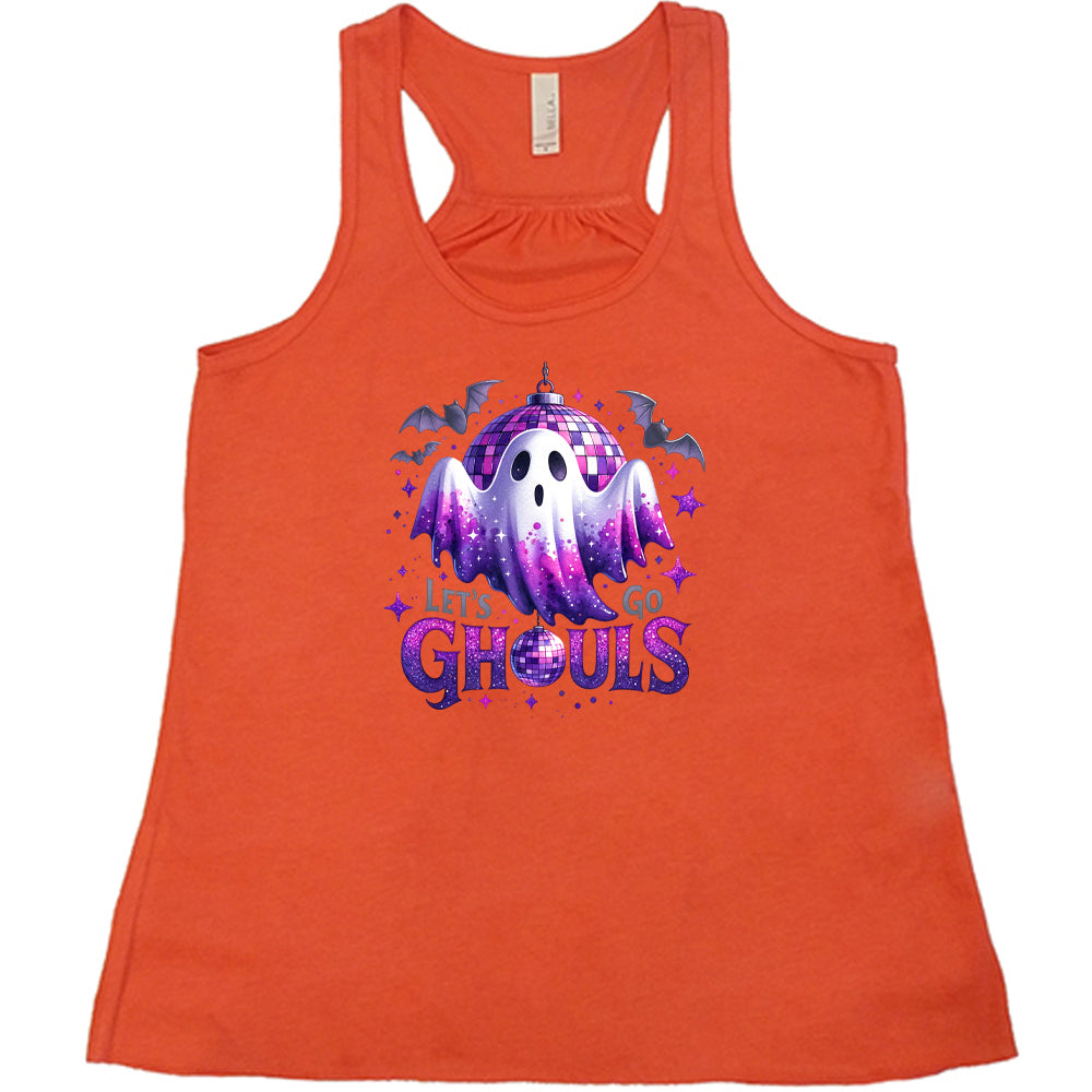 coral shirt that has a ghost graphic on it with the text "Let's Go Ghouls" on it