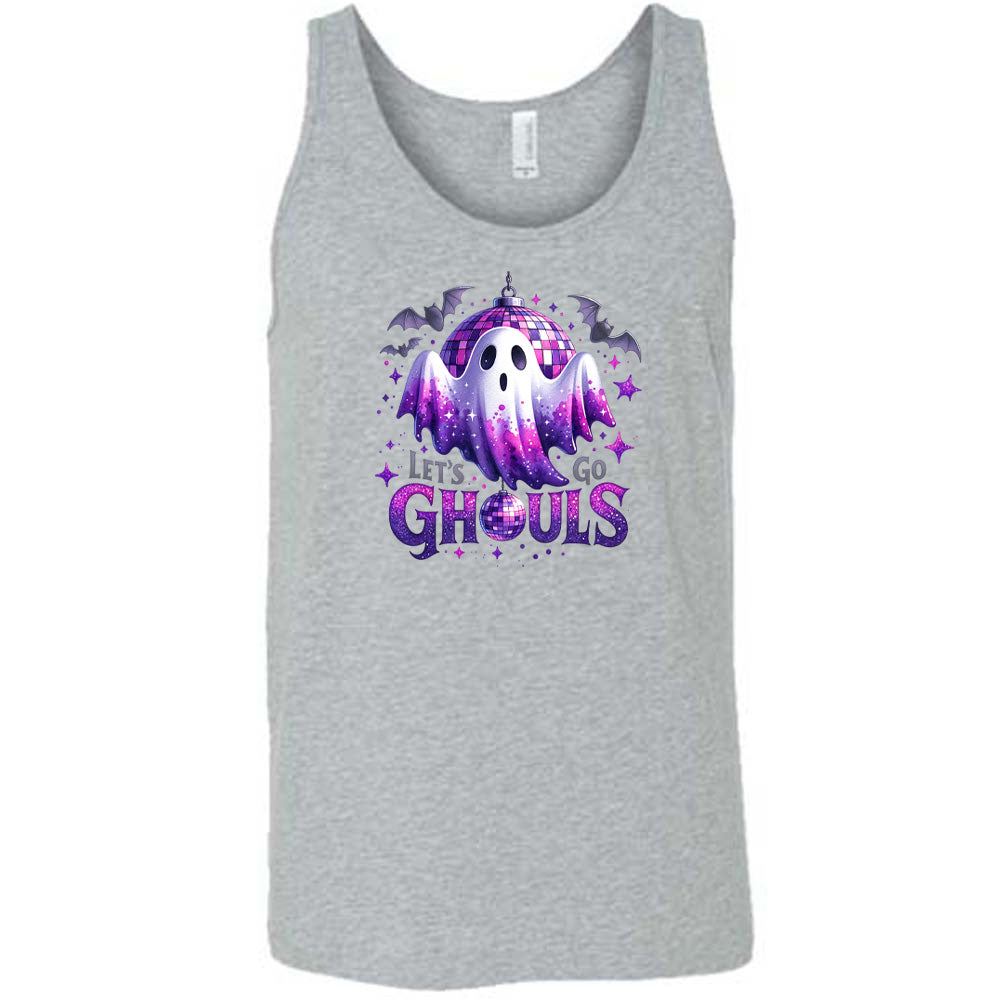 grey shirt that has a ghost graphic on it with the text "Let's Go Ghouls" on it