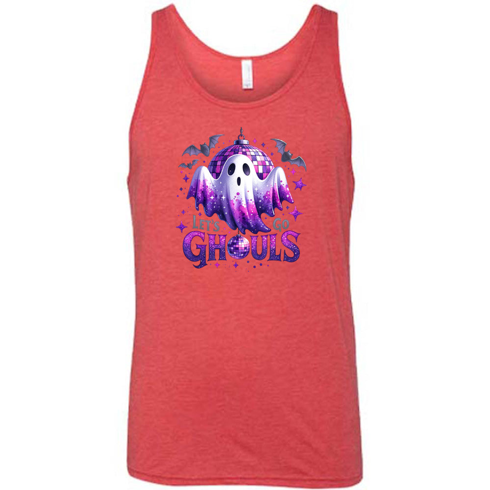 red shirt that has a ghost graphic on it with the text "Let's Go Ghouls" on it