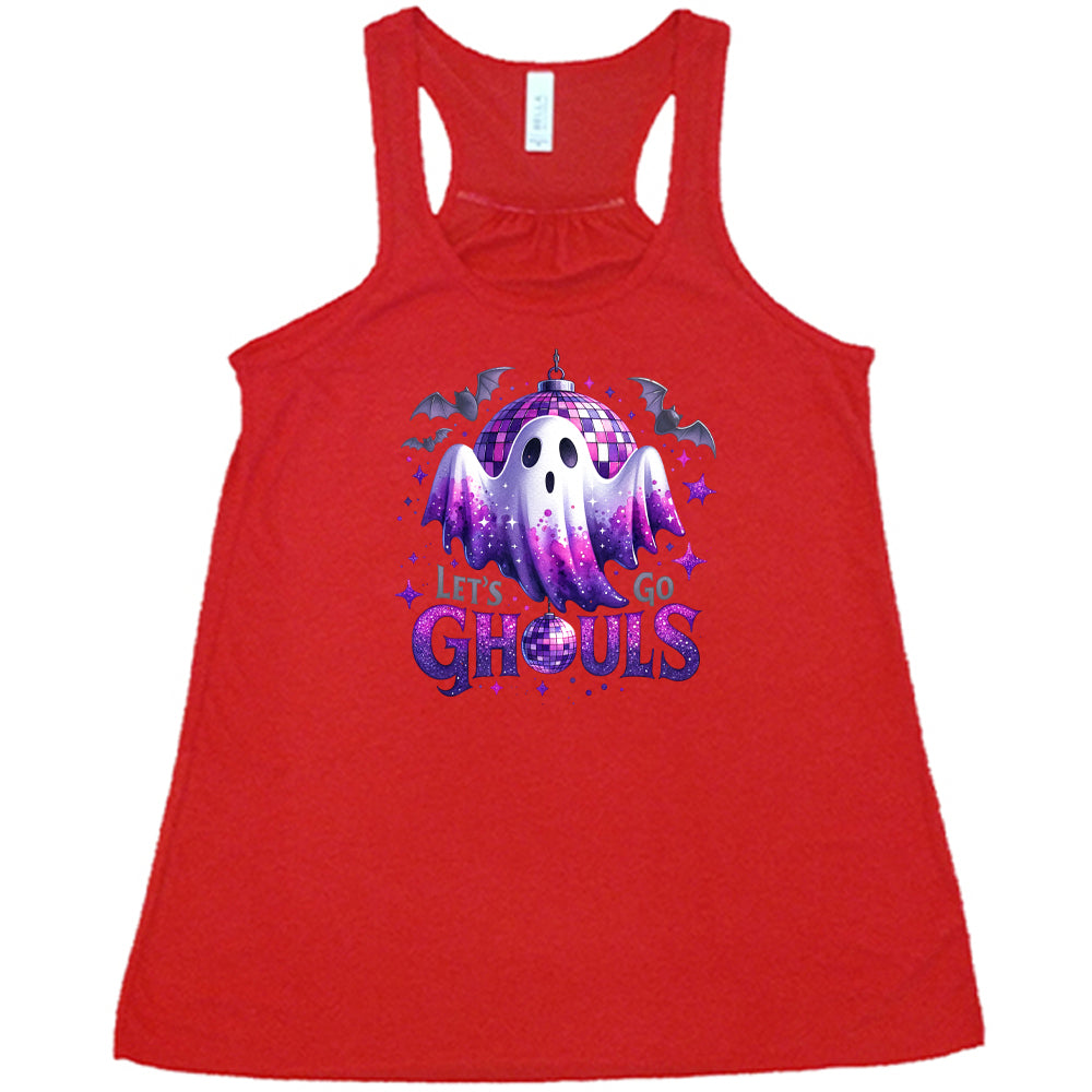 red shirt that has a ghost graphic on it with the text "Let's Go Ghouls" on it