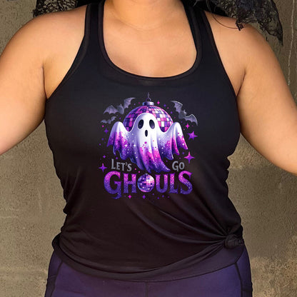 black shirt that has a ghost graphic on it with the text "Let's Go Ghouls" on it