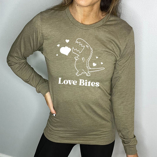 olive green long sleeve shirt with the text "Love Bites" on it