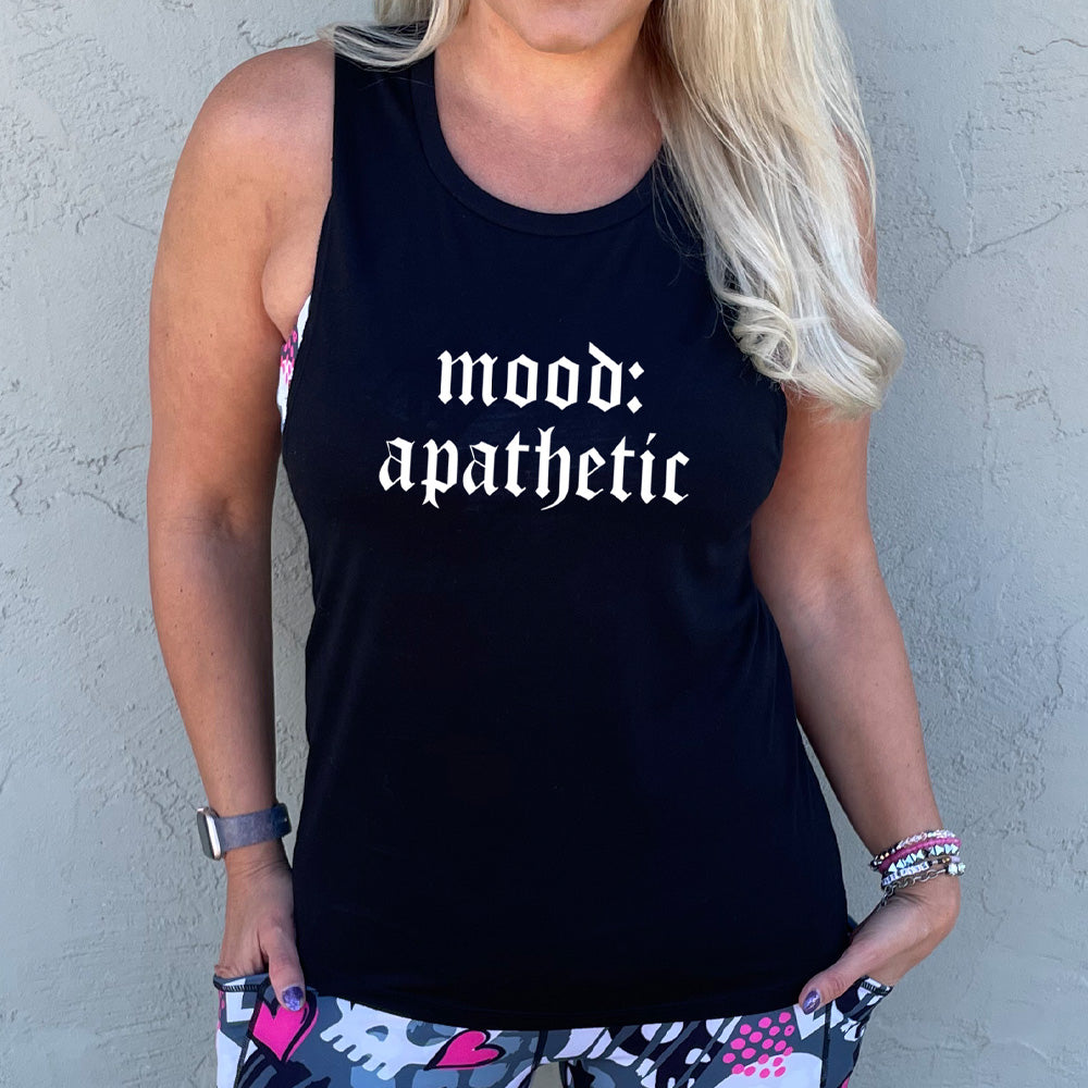 black muscle tank with the text "Mood: Apathetic" on it