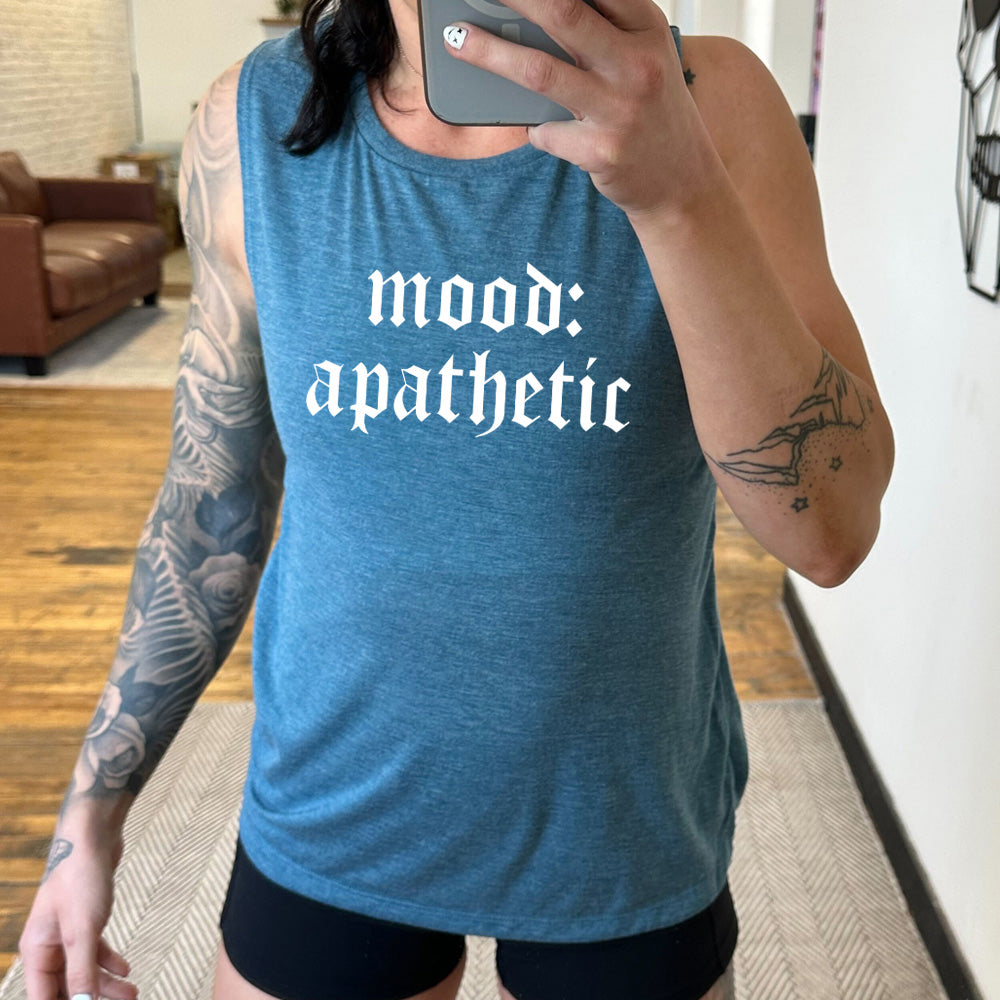 blue muscle tank with the text "Mood: Apathetic" on it