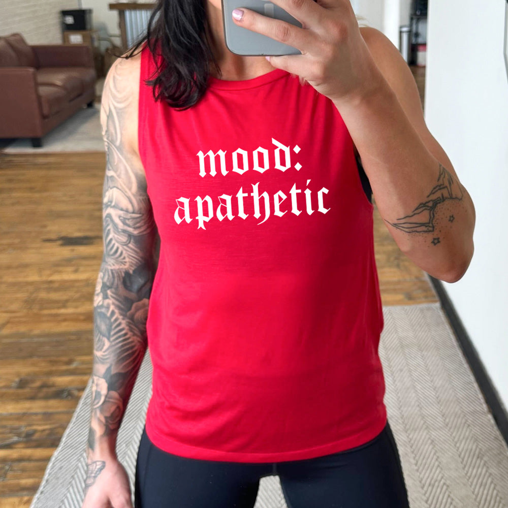 red muscle tank with the text "Mood: Apathetic" on it