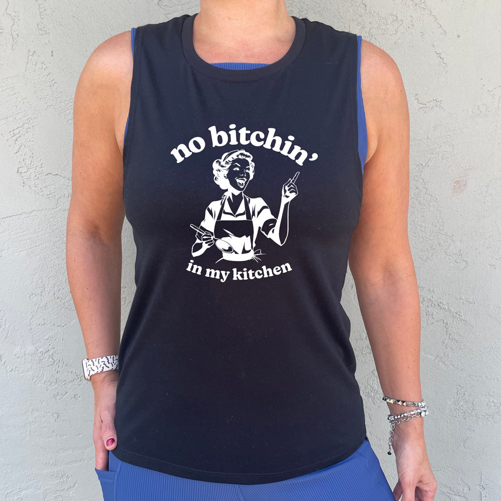 black muscle tank with the text "No Bitchin In My Kitchen" on it