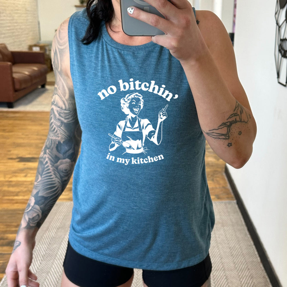 blue muscle tank with the text "No Bitchin In My Kitchen" on it