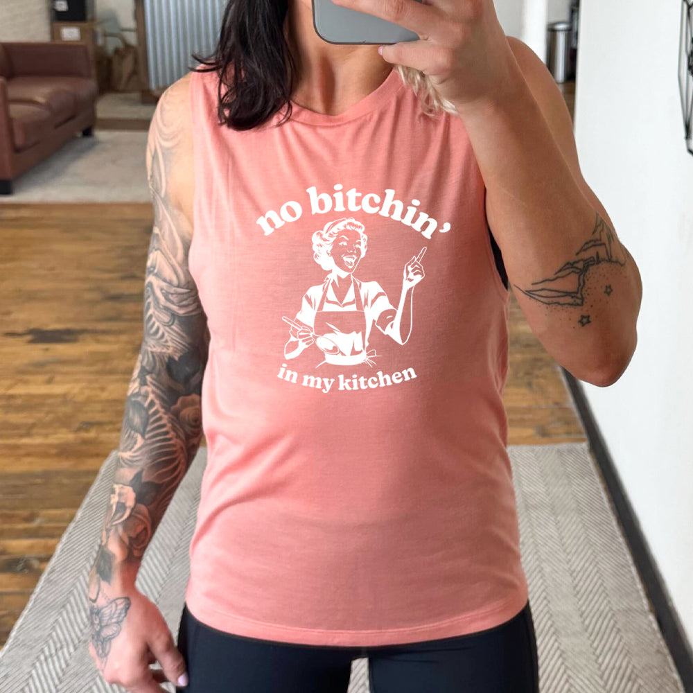 peach muscle tank with the text "No Bitchin In My Kitchen" on it