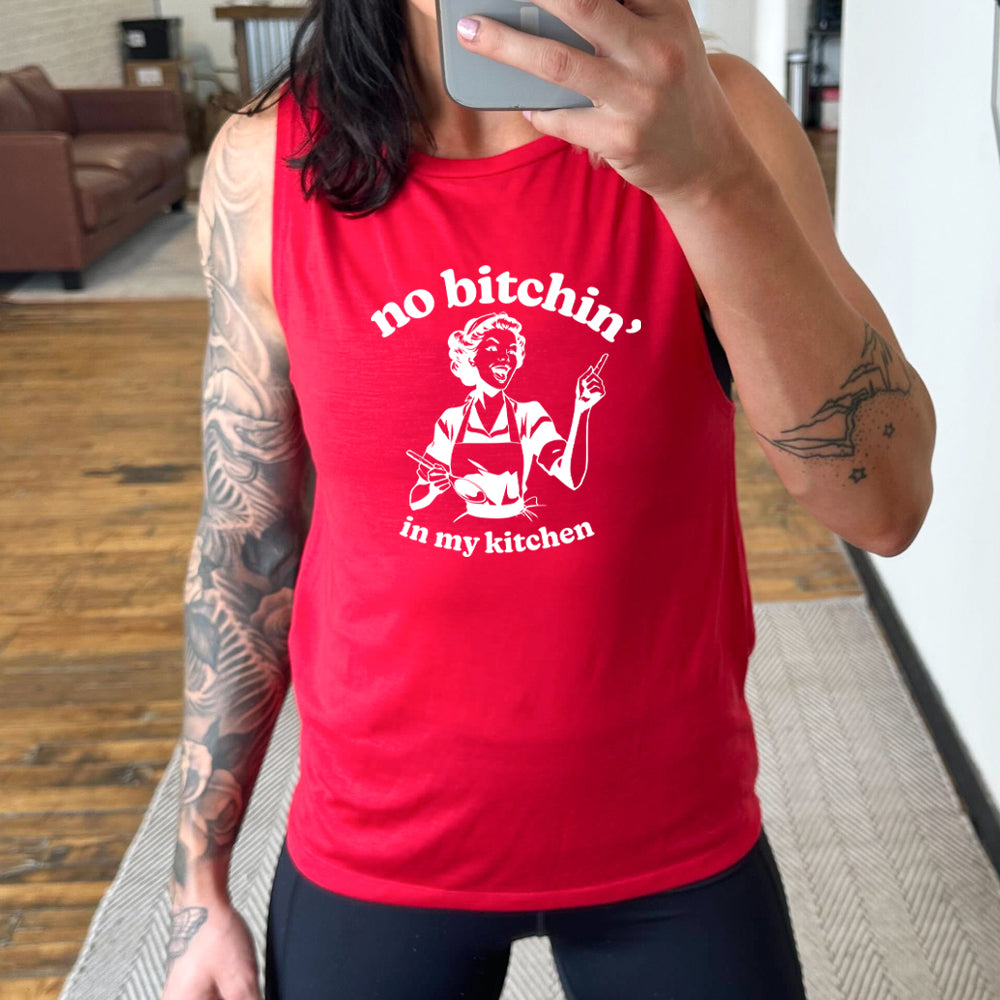 red muscle tank with the text "No Bitchin In My Kitchen" on it