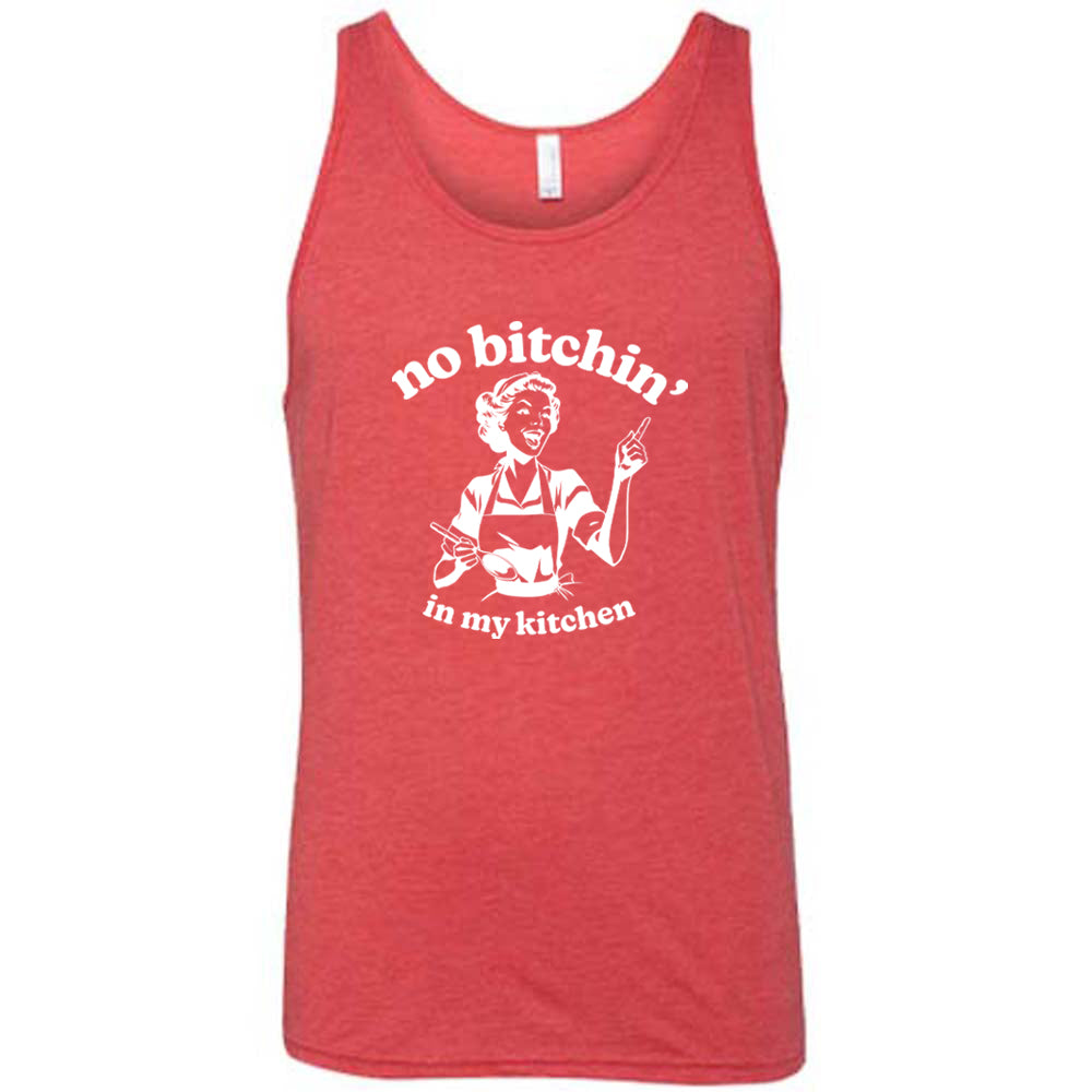 red shirt with the text "No Bitchin In My Kitchen" on it