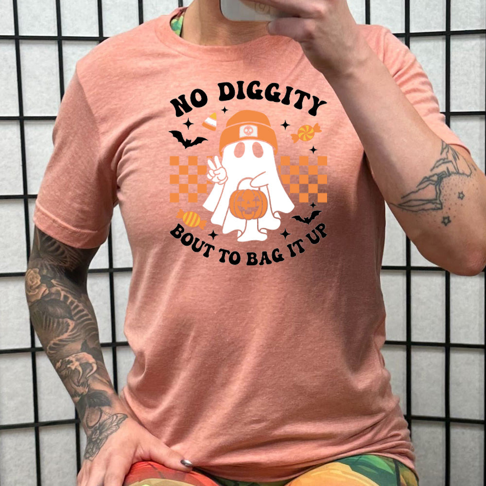 peach shirt with the text "No Diggity Bout To Bag It Up"