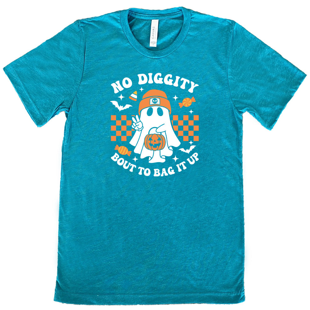 teal shirt with the text "No Diggity Bout To Bag It Up"