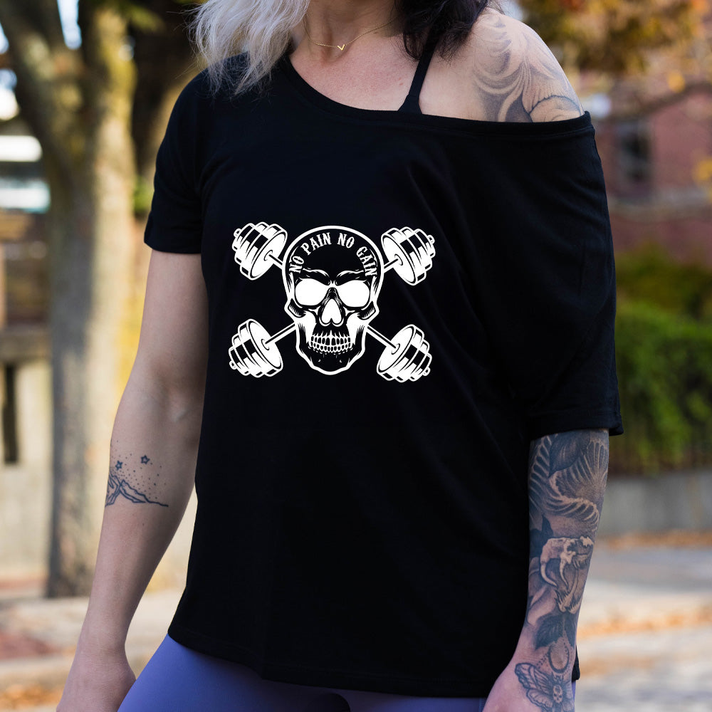 black slouchy shirt with a skull and dumbbells graphic with the text "No Pain No Gain" on it